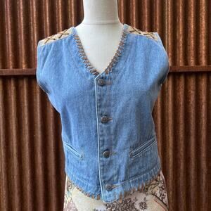 Sap Man Denim Vest Womens Size Medium Leather Trim Lace Detail Southwest Cowgirl